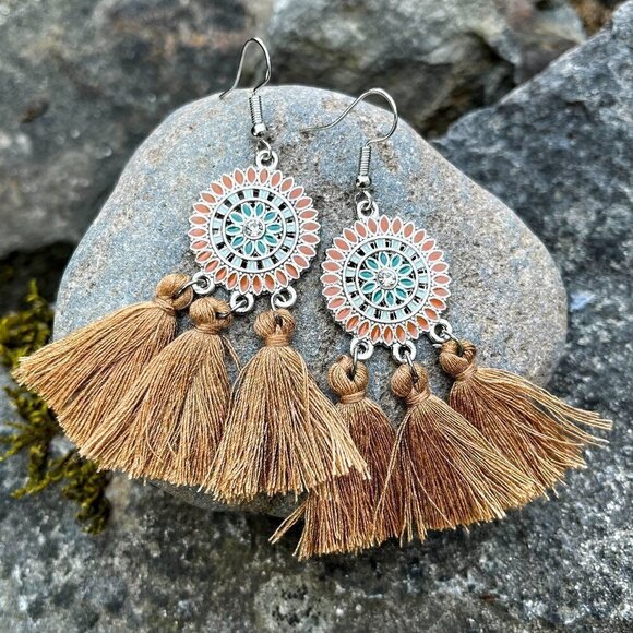 Boutique Jewelry - Bohemian Flower Tassel Fringe Drop Earrings Tan